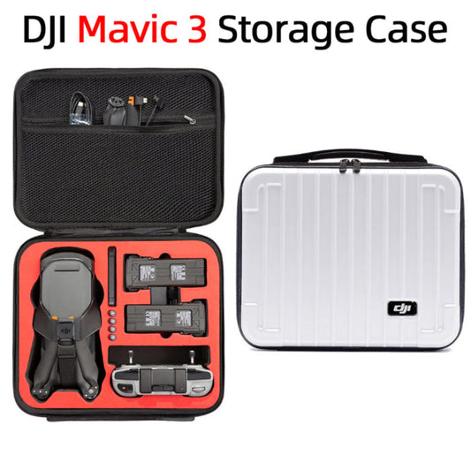 DJI Mavic 3 Storage Case with open view showing drone and accessories, and closed view on a white background.